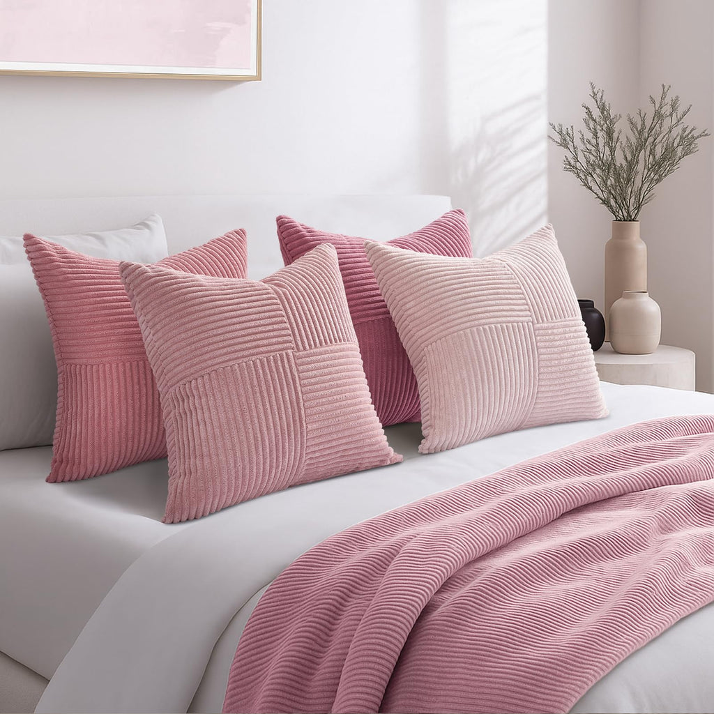 BlushPink Throw Pillow Covers 24x24 Set of 4, Baby Pink Boho Soft Corduroy Home Decor Cushion Cases for Couch, Living