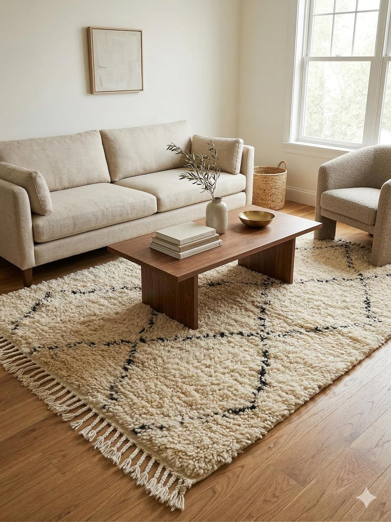 Wool Rug - Handmade Berber Shag Area Rug, Beni Ourain Style, Ivory/Cream with Charcoal Elongated Diamond
