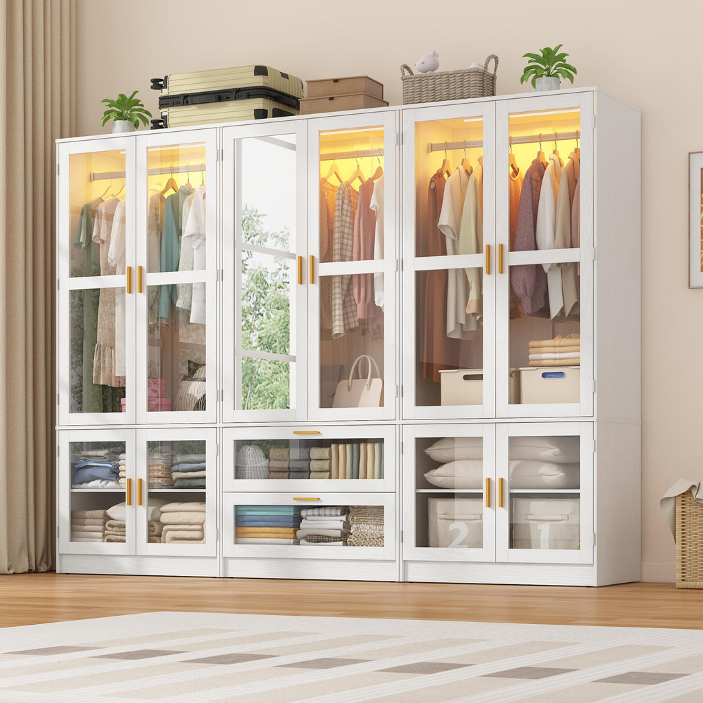 6 Doors Armoire Wardrobe Closet with LED and Mirror, 71" H Freestanding Wooden Wardrobe Closet Cabinet w 2