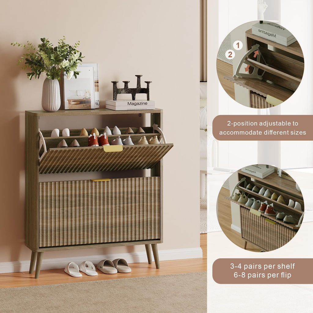 Narrow Shoe Storage Cabinet, Freestanding Shoe Cabinet Organizer (Light Coffee, 2 Flip)