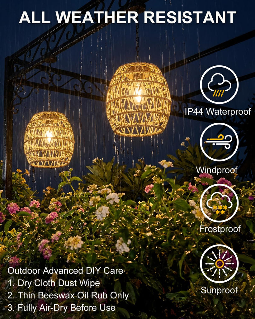 Hanging Solar Lanterns Outdoor Waterproof, Rattan Wicker Hanging Chandelier