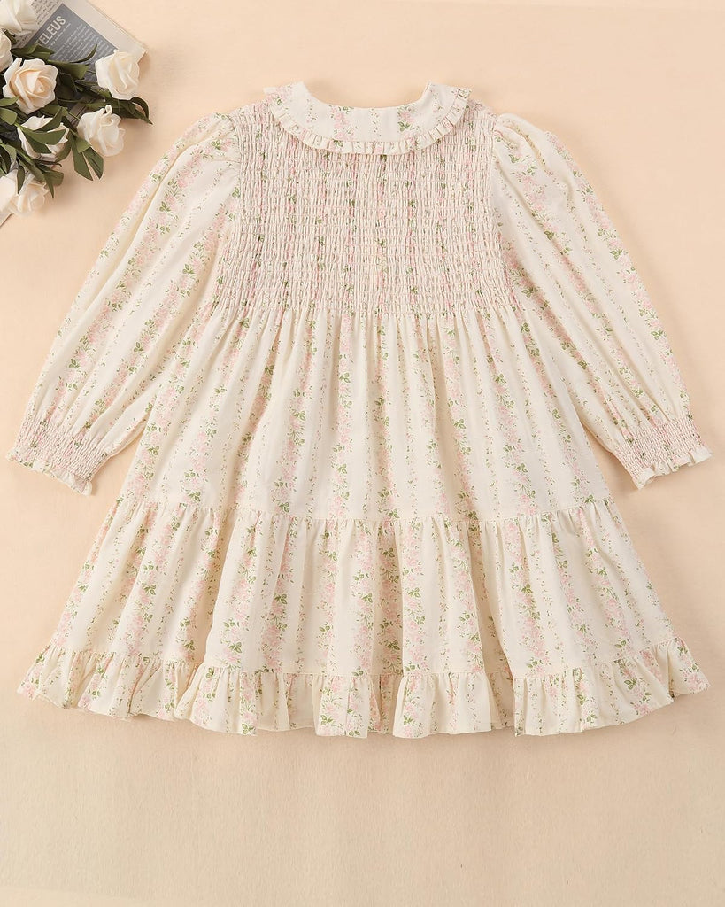 Toddler Girls Dress Smocked Dresses|Floral Print Long Sleeve Dress with Peter Pan Collar | Casual Ruffle Dresses