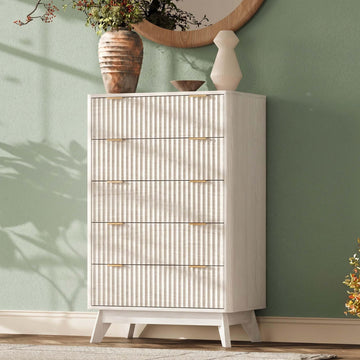 43" Wide Fluted 5 Drawers Dresser, Curved Edge, White