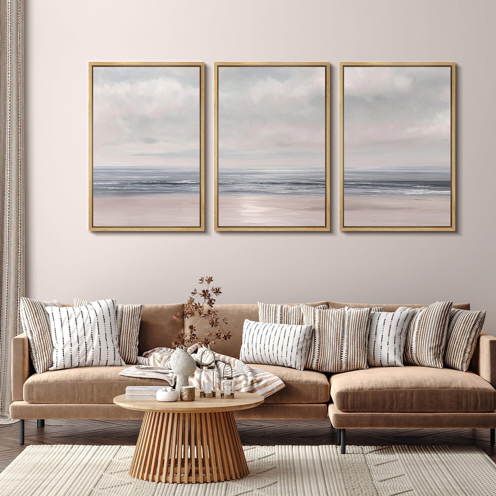 Framed Canvas Print Wall Art Set Soft Blush Pink Coastal Illustrations Modern Art Relax/Calm - 24"x36"x3 NATURAL