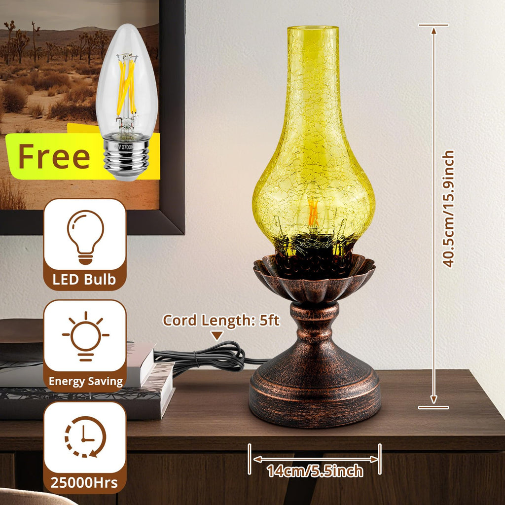 Vintage Table Lamp, Touch Control & 3-Way Dimmable Rustic Retro Farmhouse Bedside Lamp with Amber Glass Shade and LED