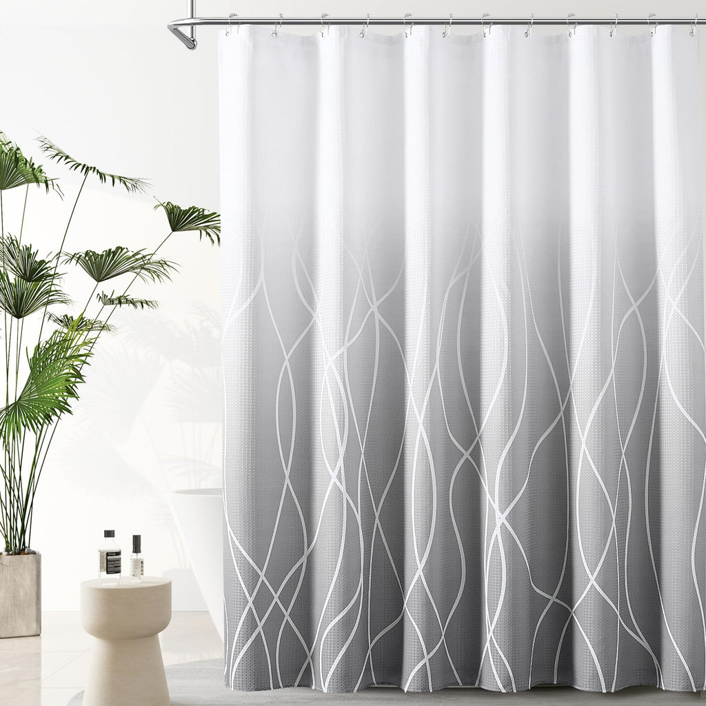 78 inch Long Shower Curtain Grey Shower Curtains with Liner Ombre Curtains Waffle Drape with Snap in Liner White and