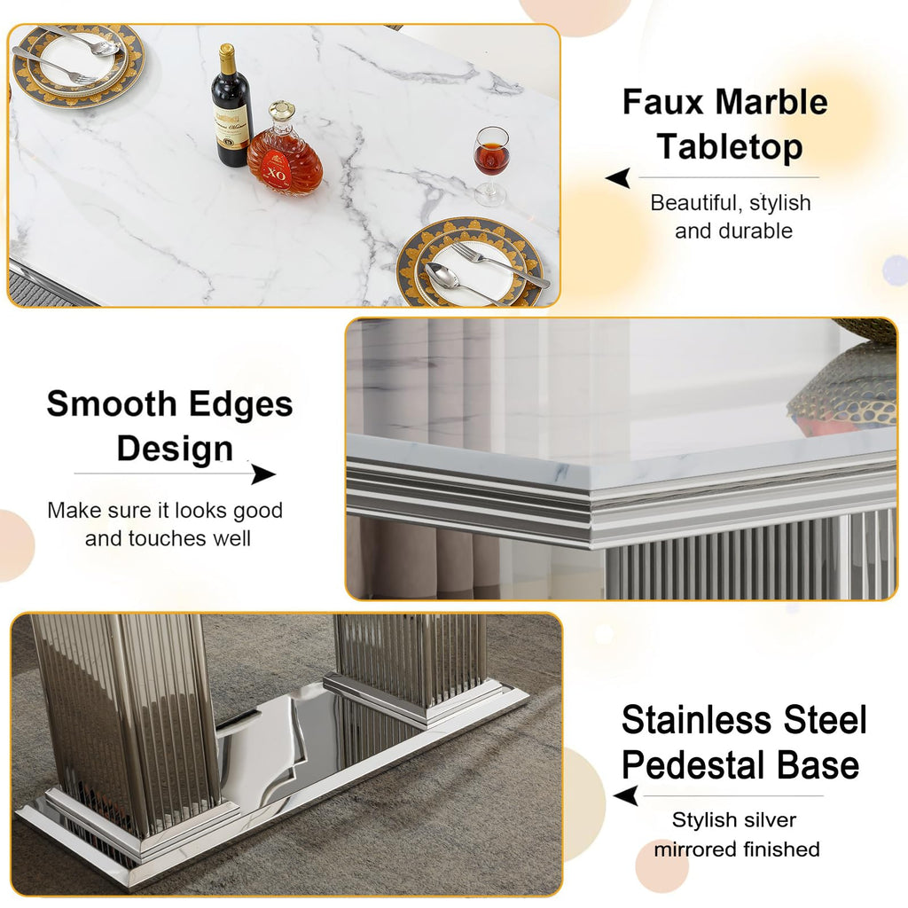 White Marble Dining Table Set for 6, 68 inch White Marble Table with Silver Double Column Stainless Steel Base, Faux