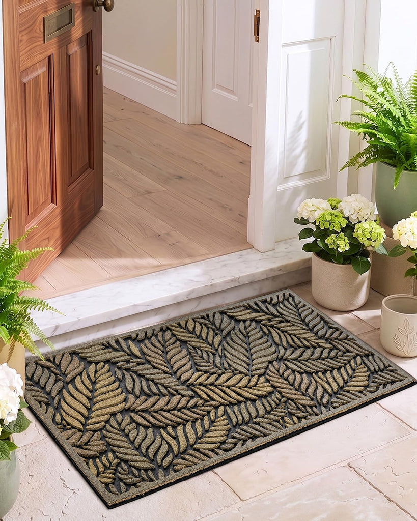 Front Door Mat Outside Entrance 17x30 Rubber Entry Doormat Leaves | Heavy Duty Non Slip, Welcome Entryway Mats Dirt