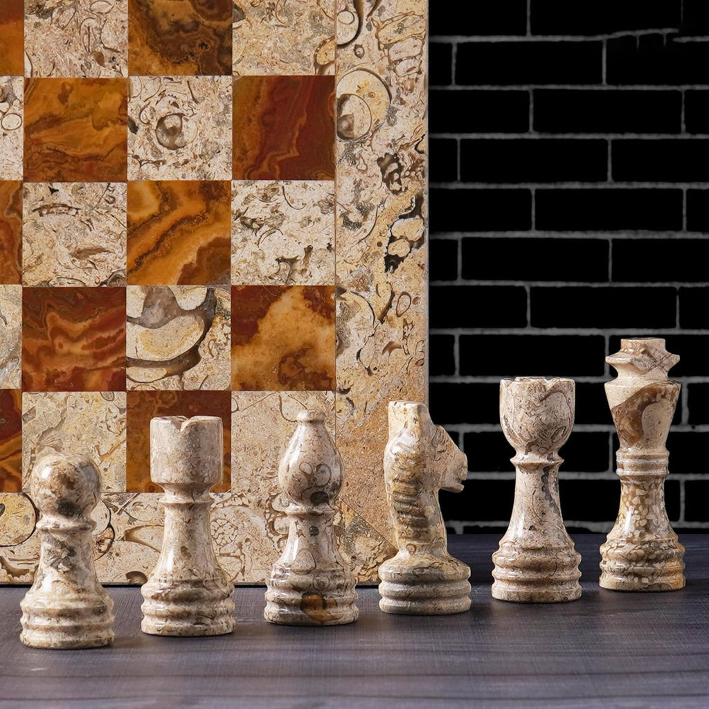 Handmade Fossil Coral and Dark Brown Marble Full Chess Game Original Marble Chess Set