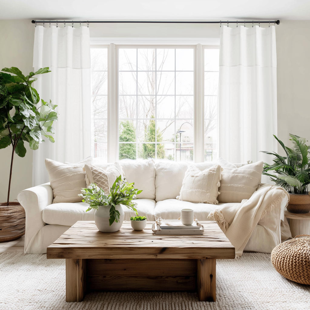 White Ruffle Linen Curtains with Valance