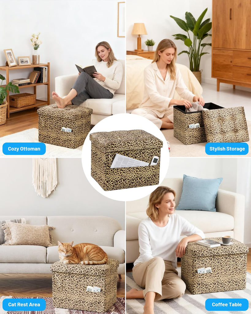 Storage Ottoman, 17" Folding Velvet Foot Rest, Leopard Print 2 Pack