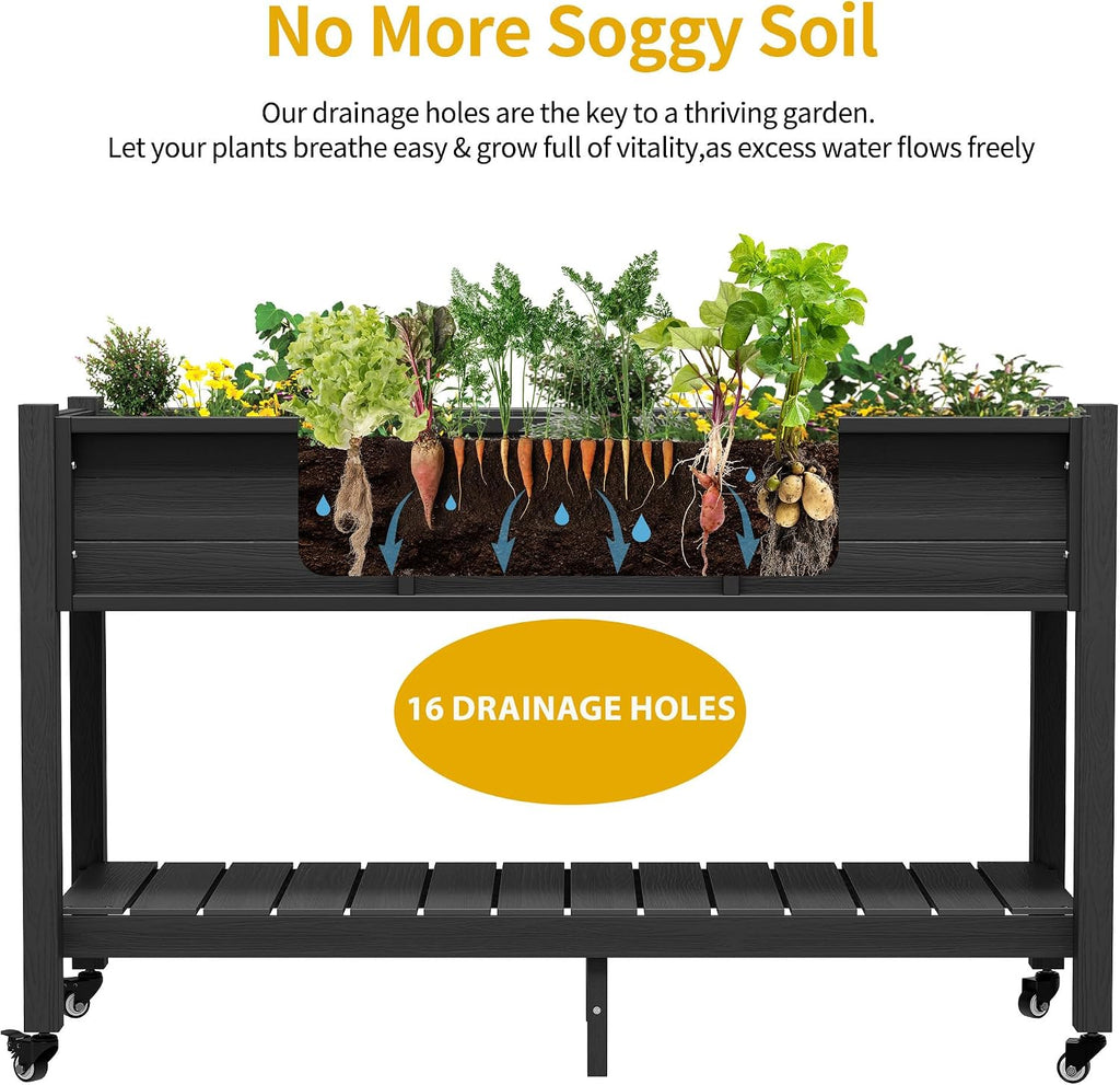 47x18x31in Raised Garden Bed Outdoor HDPE with Legs and Lockable Wheels, Weather-Resistant Poly-Wood Elevated Planter