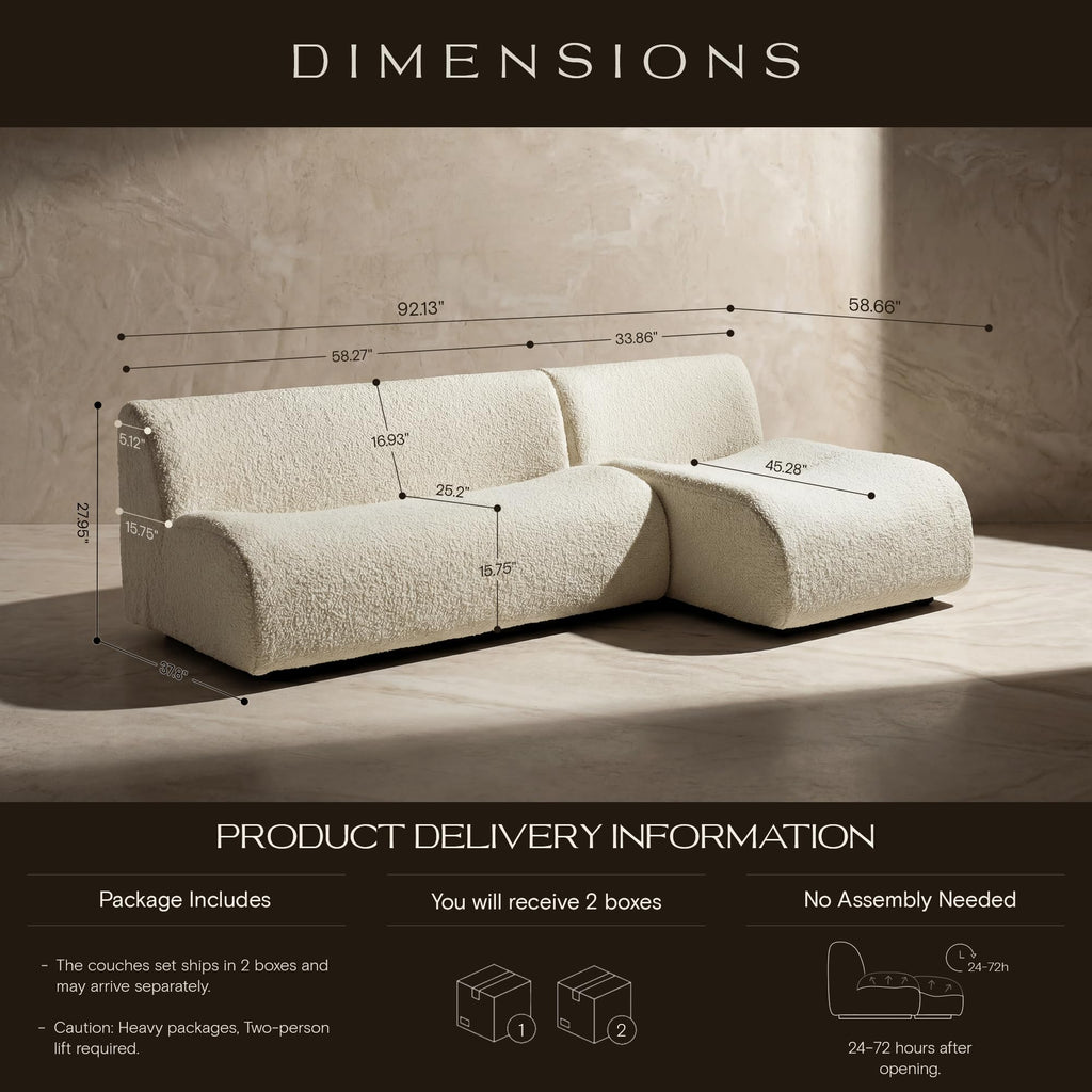 Boneless 3 Seater Sofa with Chaise, 92" Modular Sectional Couch, Reversible L-Shaped Couches with Deep Seat, White
