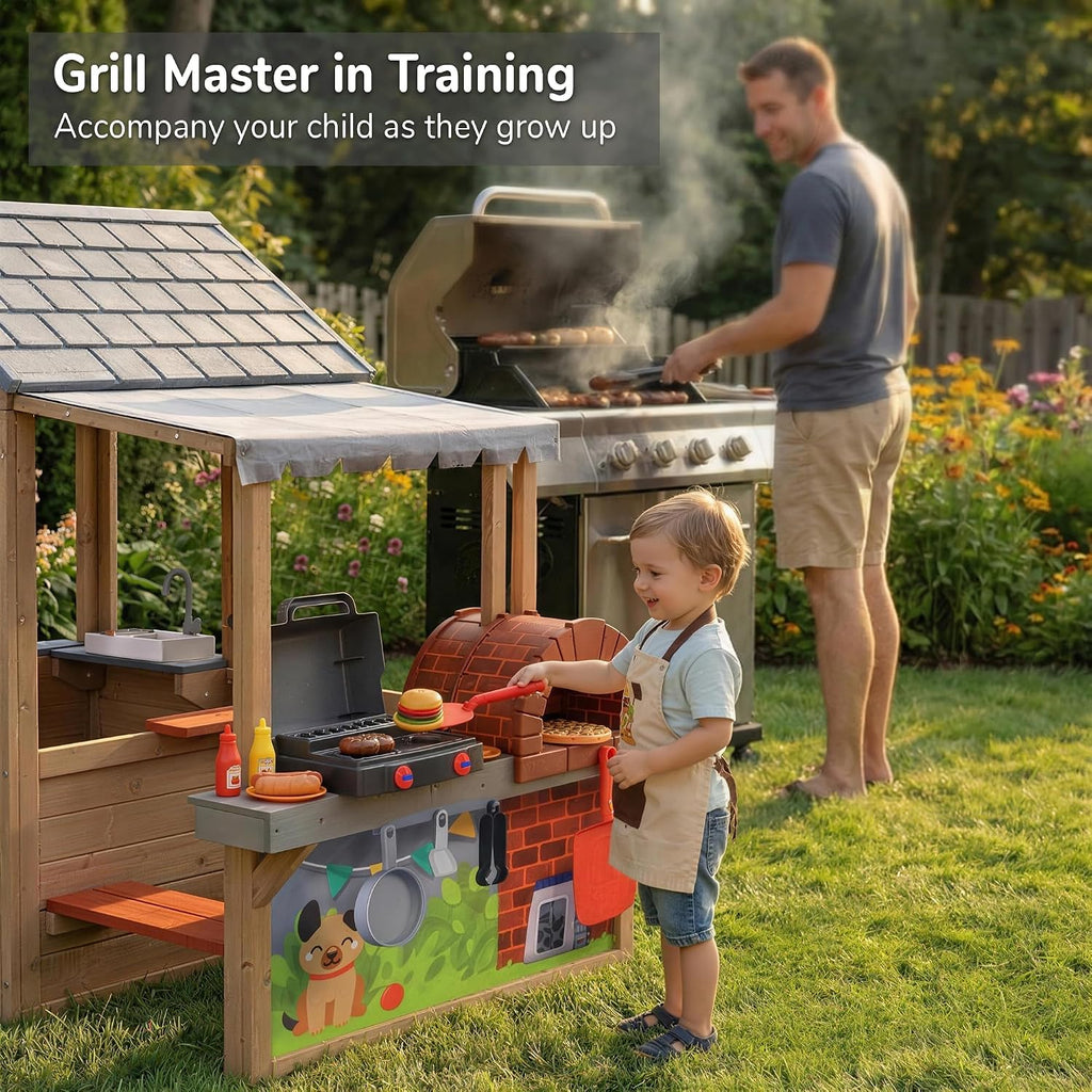 Kids Outdoor Wooden Playhouse, Cedar Wooden Play House for Ages 3-8 Kids with BBQ Grill, Kitchen Set, Picnic Table