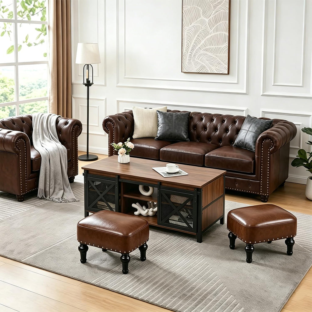 Leather Ottoman Footrest, Rustic Foot Stools Seat, Wood Footstool, Rectangle Footrest Small Ottoman, Entrance Hall
