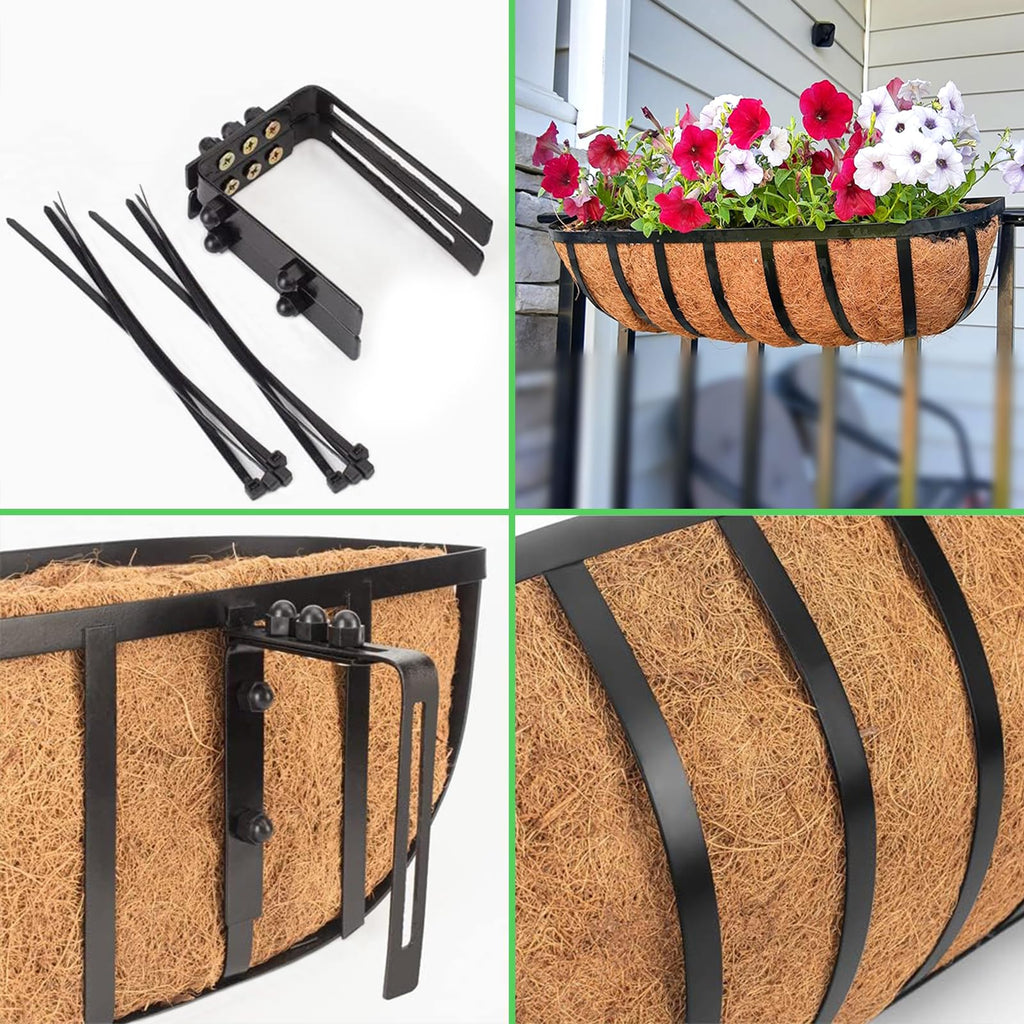 Railing Planter Window Box - 2 Pack 30 Inch Deck Balcony Rail Planter with Coconut Coir Liner, Fence Metal Hanging