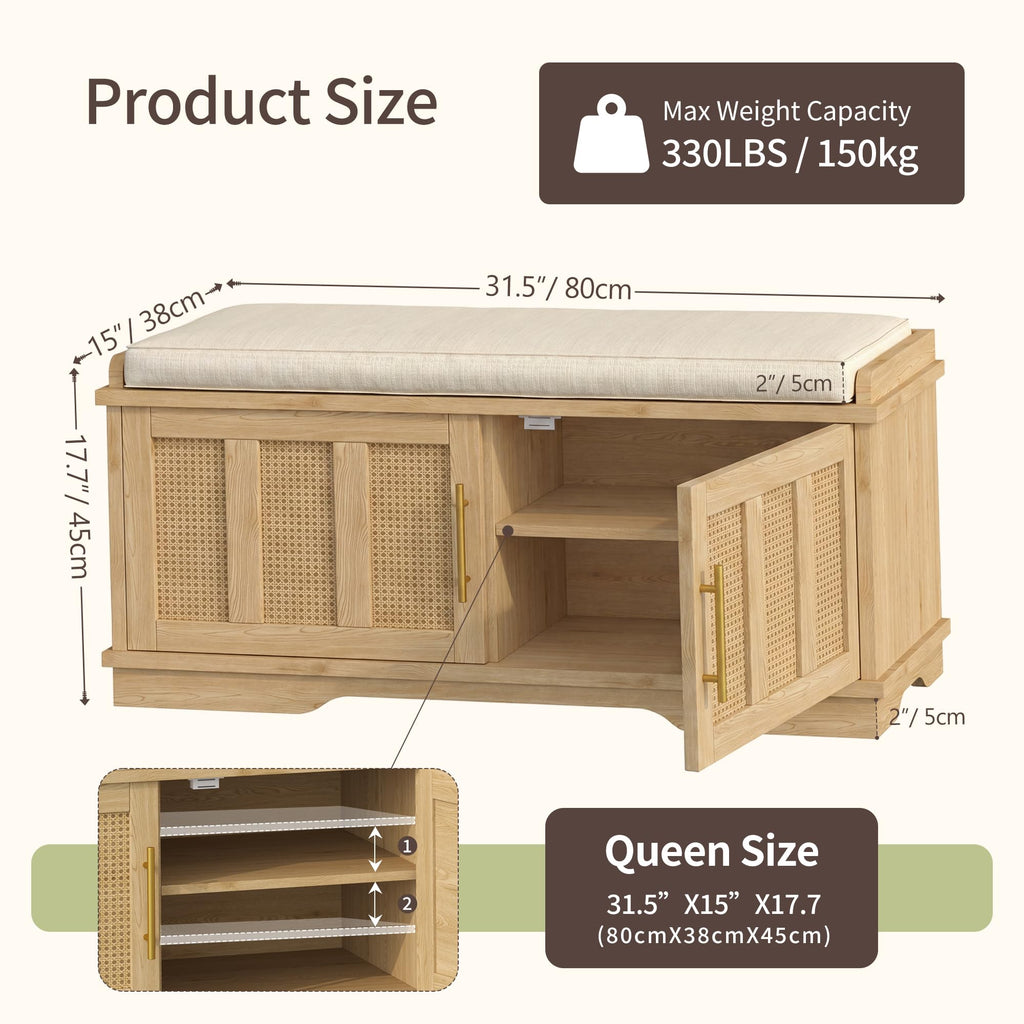 Shoe Cabinet with Bench, Rattan Storage Bench with Cushion