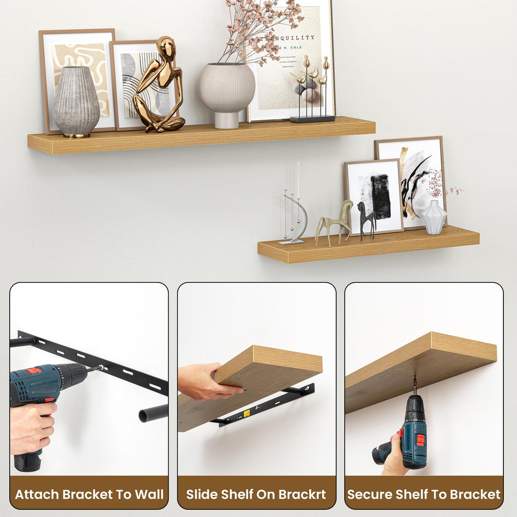 24 Inch Floating Shelves for Wall, Mounted Storage Wood Shelves with Invisible Brackets Hanging Shelf, Set of 2, Oak