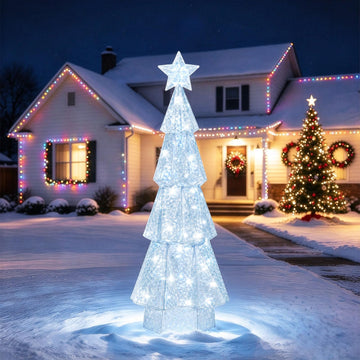 4FT Pre-lit White Prismatic Iridescent Christmas Tree with 100 LED Lights Lights Up Crystal Tree Outdoor Christmas