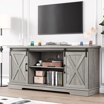 Grey Farmhouse Cabinet, 65 Inch TV Stand with Storage, Barn Doors and Shelves, Modern TV Console Table Furniture for