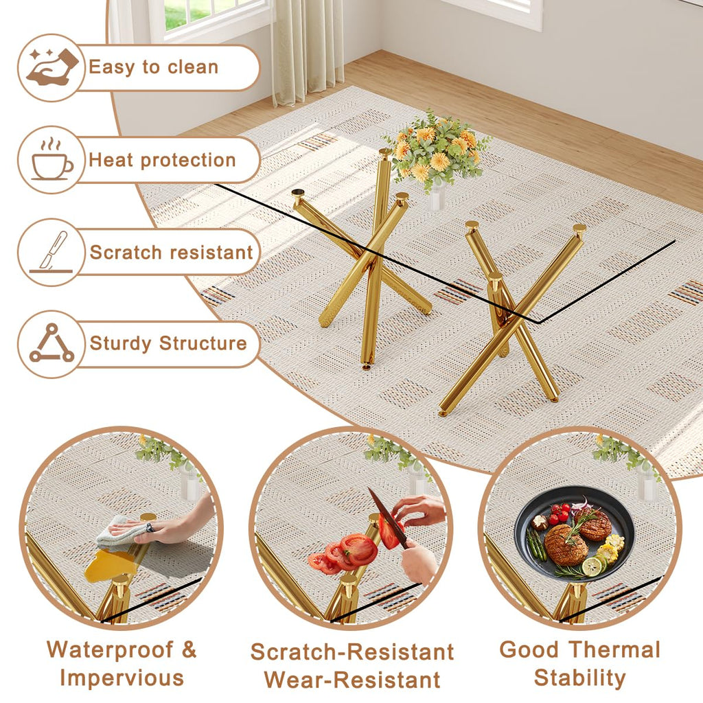 71" Glass Dining Table for 6, Gold Dining Table with Glass Top