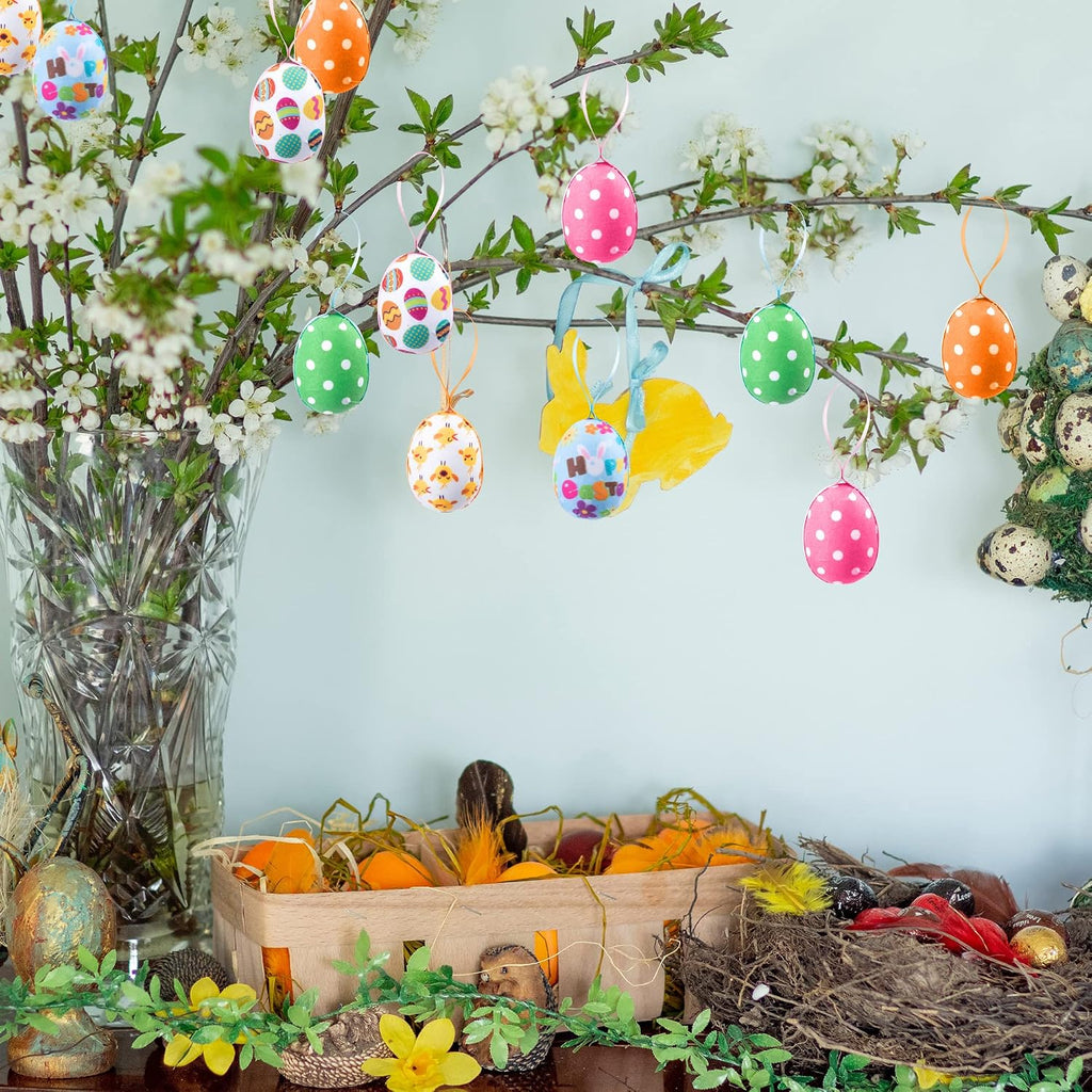 Fabric Wrapped Easter Eggs with Dots, Easter Egg Hanging Ornaments - Set of 30