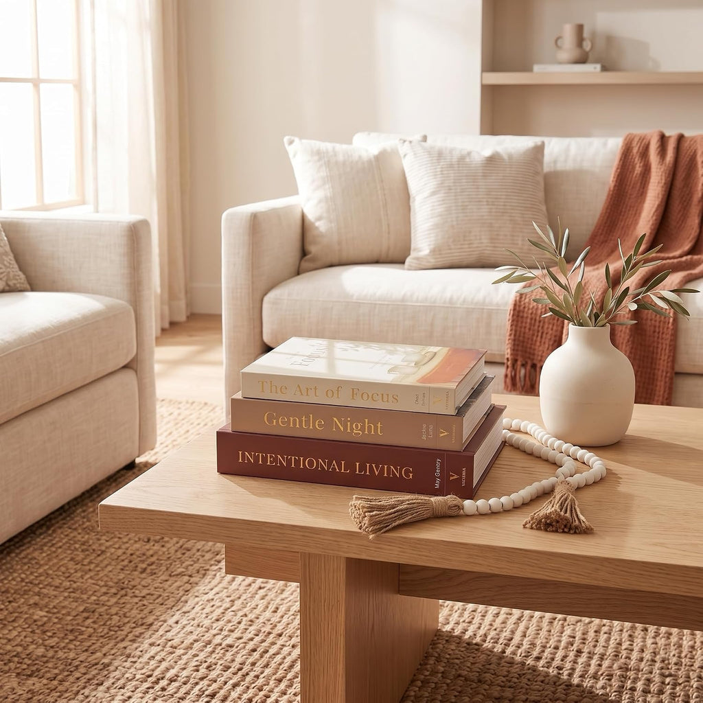 Decorative Books for Coffee Table - Set of 3 Faux/Fake Book Storage Boxes Decor, Neutral Minimalist Book Decor for