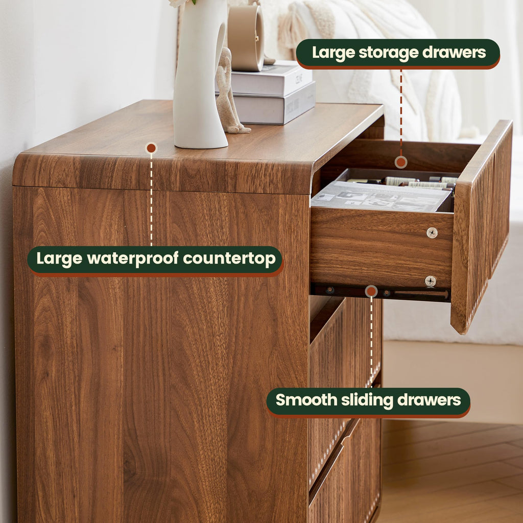 Fluted 3 Drawer Dresser, Walnut, 31.5" Wide, Mid Century Modern
