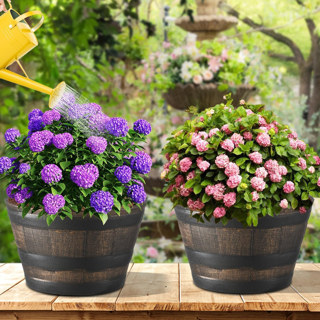 YI 4 Pack Whiskey Barrel Garden Planters 13" Rustic Oak Resin Planter for Indoor & Outdoor Plant Flower Pot