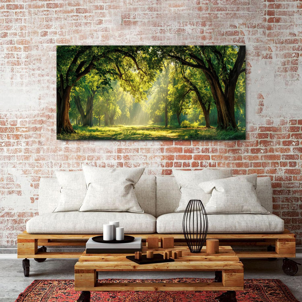 Green Forest Wall Art Panoramic Woodland Landscape Canvas Pictures Nature Wall Decor Sunrise Sunlight Trees Scenery