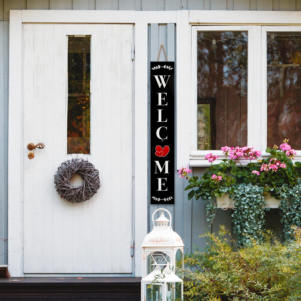 Welcome Sign for Front Porch Standing, Interchangeable Wooden Sign with 5 Designed Double-Sided Icons for Front Door