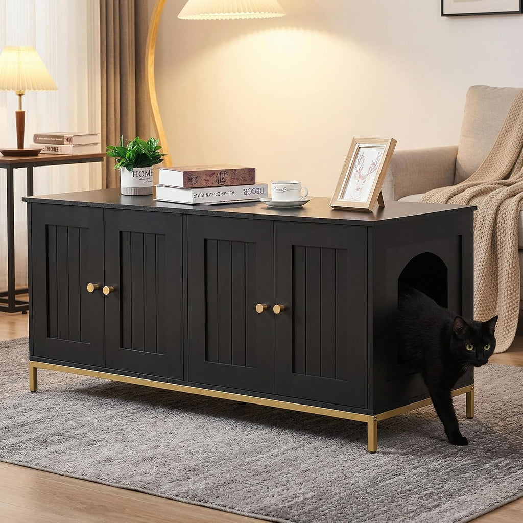 47.2" L Cat Litter Box Enclosure for 2 Cats, Black and Gold