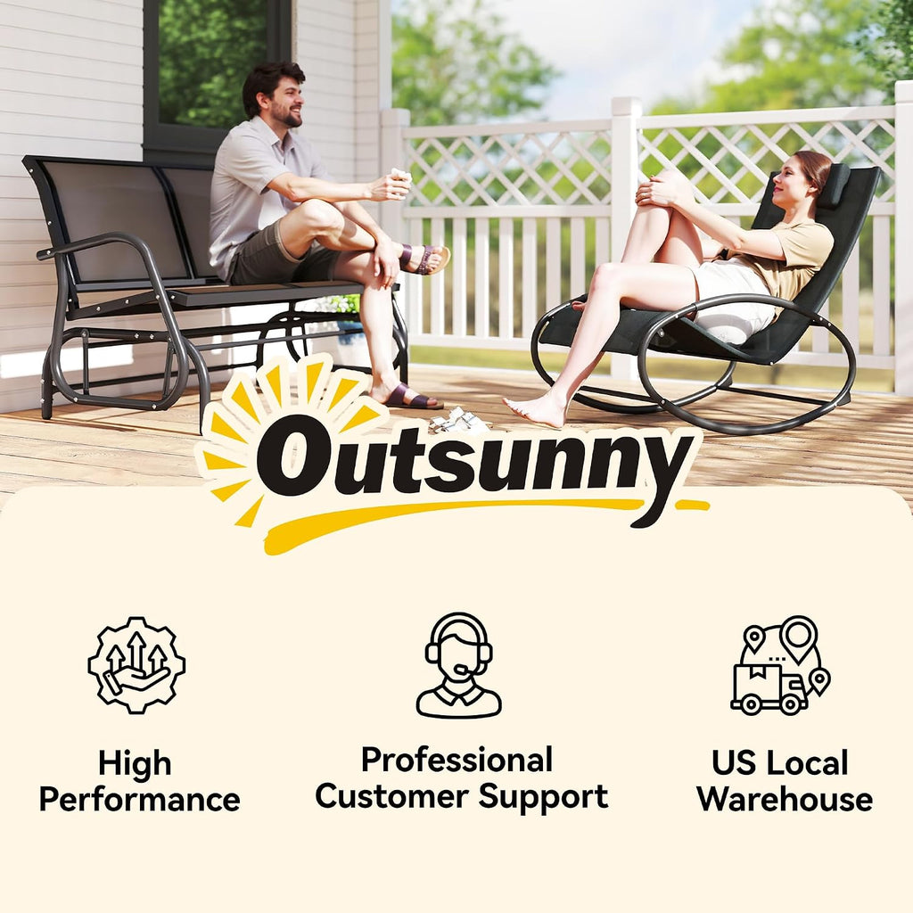 2-Person Outdoor Glider Bench with Steel Frame, Black | Double Swing Rocking Chair, Loveseat, for Outside Patio