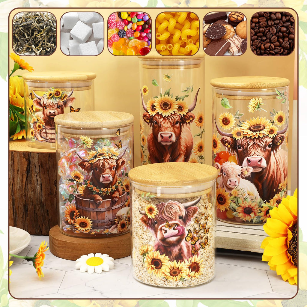 5 Pack Highland Cow Sunflower Glass Storage Jars with Airtight Lid Watercolor Cattle Floral Decorative Canisters Sets