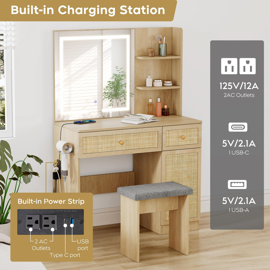 Rattan Vanity Desk with LED Lighted Mirror and Stool
