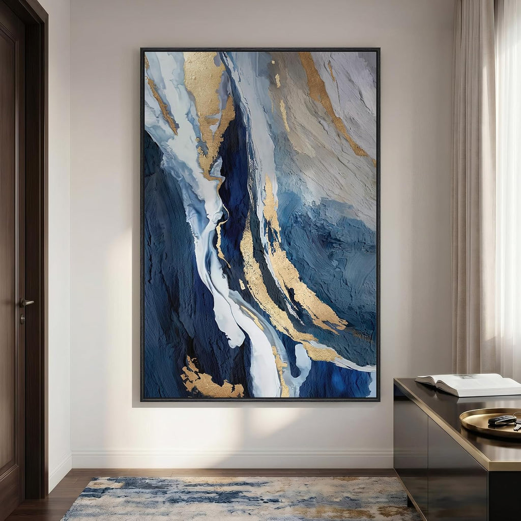 Extra Large Framed Blue Abstract Wall Art , 40x60 In Oversized Blue and Gold Modern Canvas Prints Paintings, Big