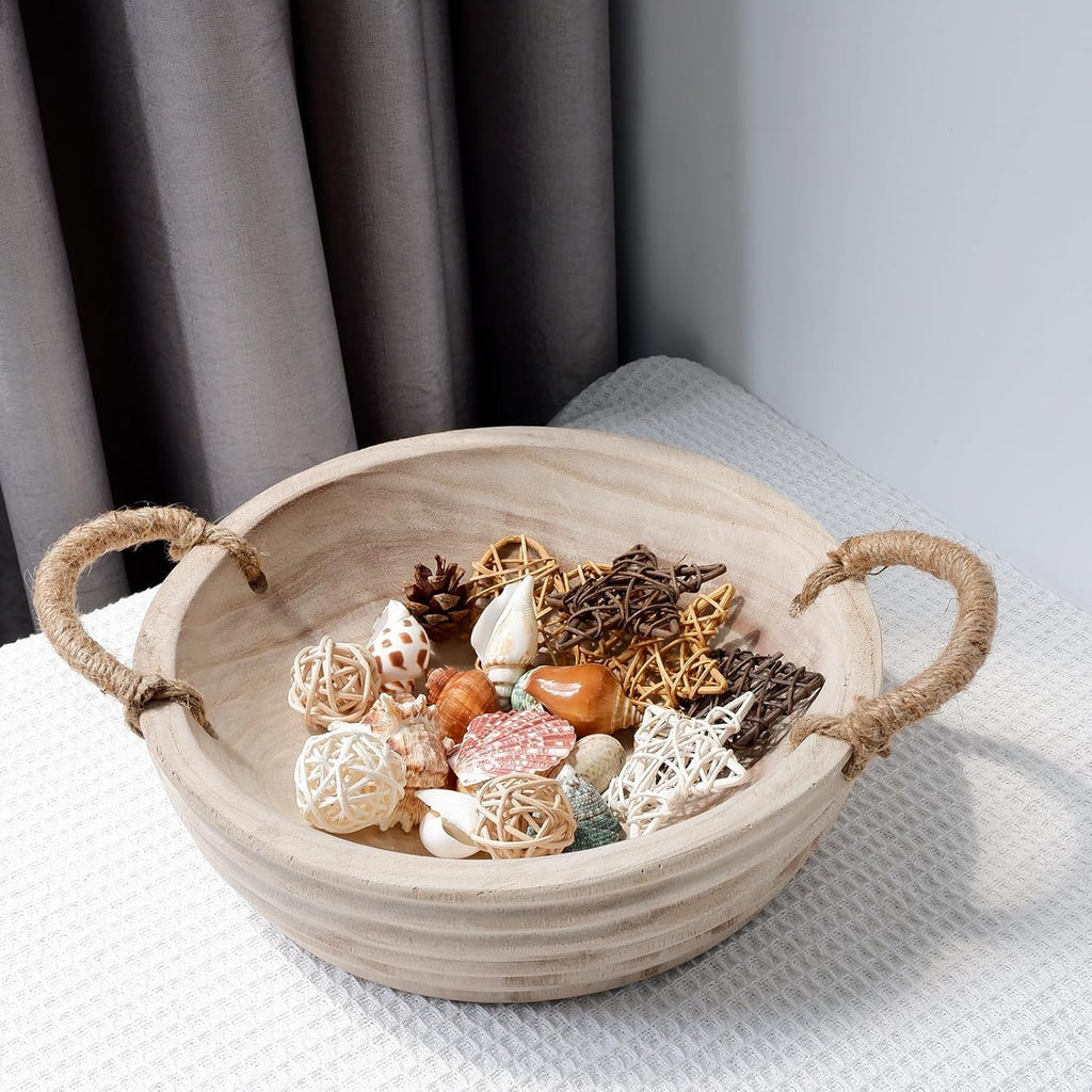 Wooden Decorative Bowls, 11.2 Inch Premium Round Serving Bowl with Rope Handles Decor, Round Paulownia Wood