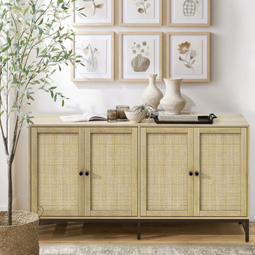 Rattan Sideboard Buffet Cabinet, Natural Storage Credenza Accent Cabinet with 4 Doors, 59" Large Mid Century Modern