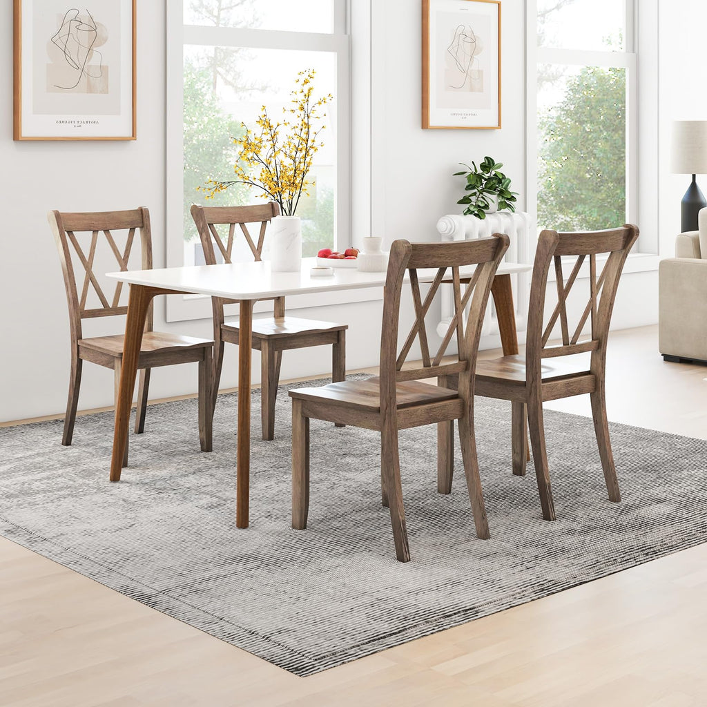 Solid Rubberwood Dining Chairs, Set of 4, Brown Farmhouse X-Back