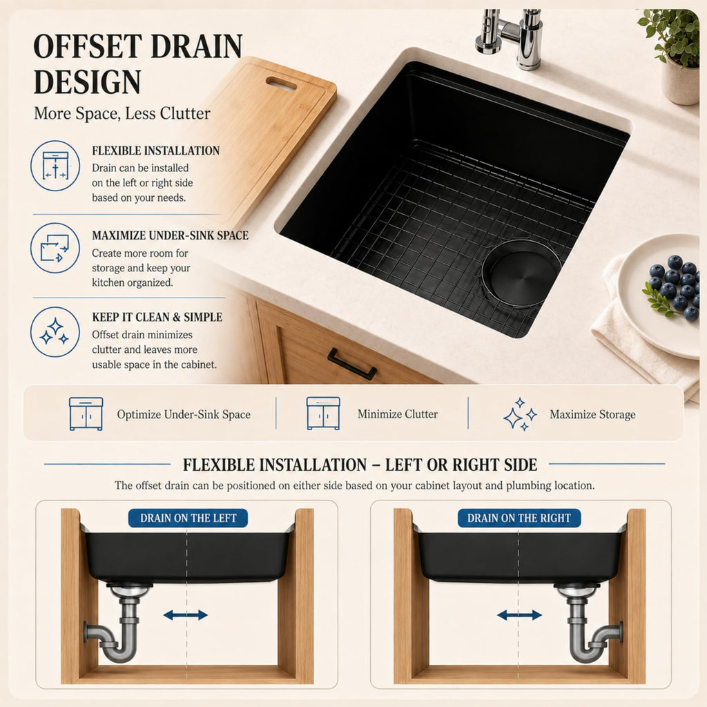 16" X 18" Black Undermount Bar Sink Offset Drain with Workstation