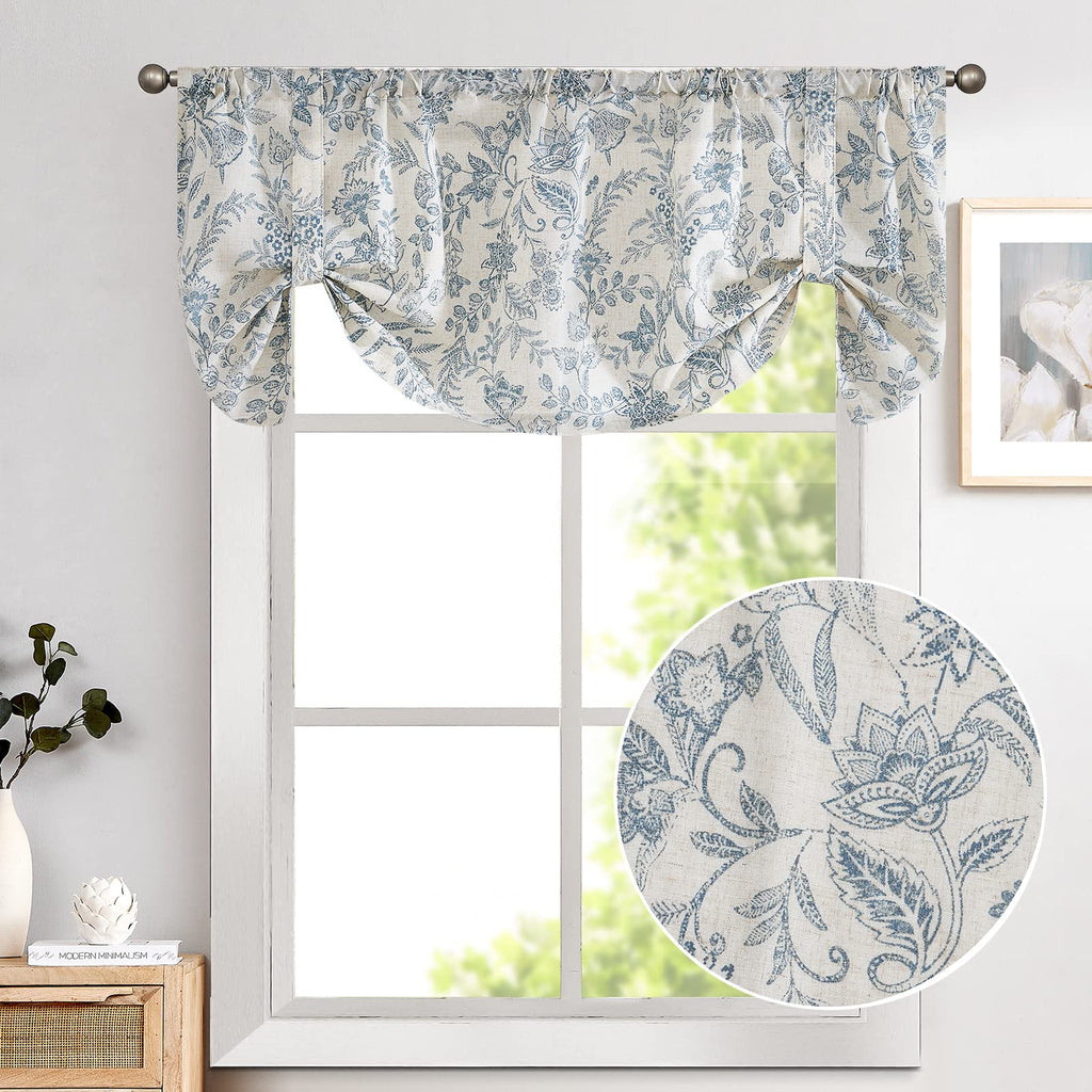 Blue Farmhouse Linen Valance Curtain 20 Inch Tie Up 1 Panel