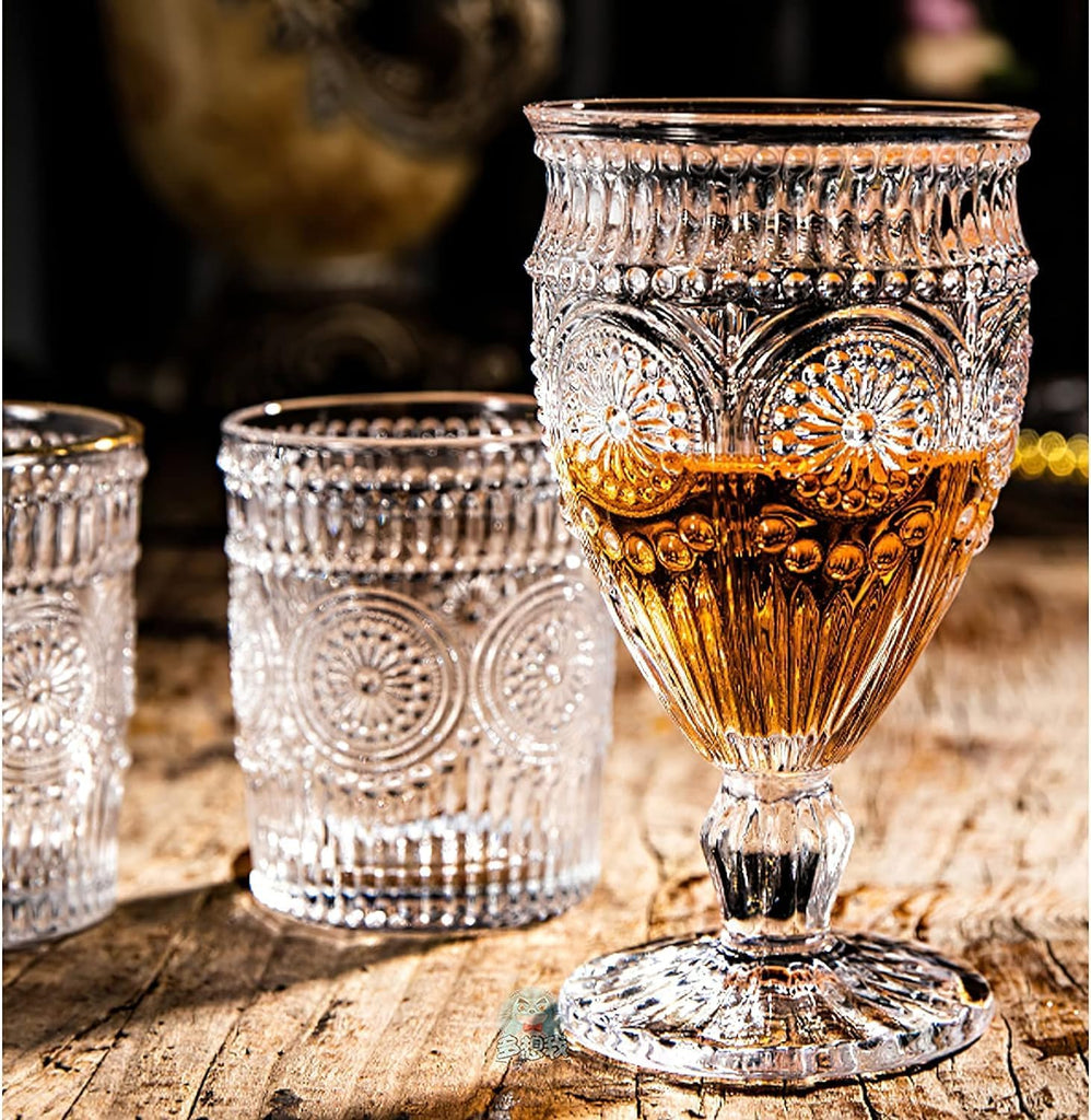 Vintage Goblet Glasses Set of 6, 10 oz Heavy-Duty Pressed Glass Water or Wine Glasses with Ornate Design for Dining