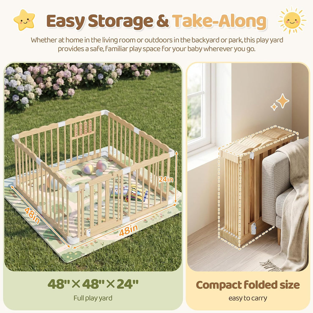 Wooden Baby Playpen, 48"x48"x24" Foldable Play Yard with Built-in Toys, 8 Panel Baby Fence Lockable Door, for Babies