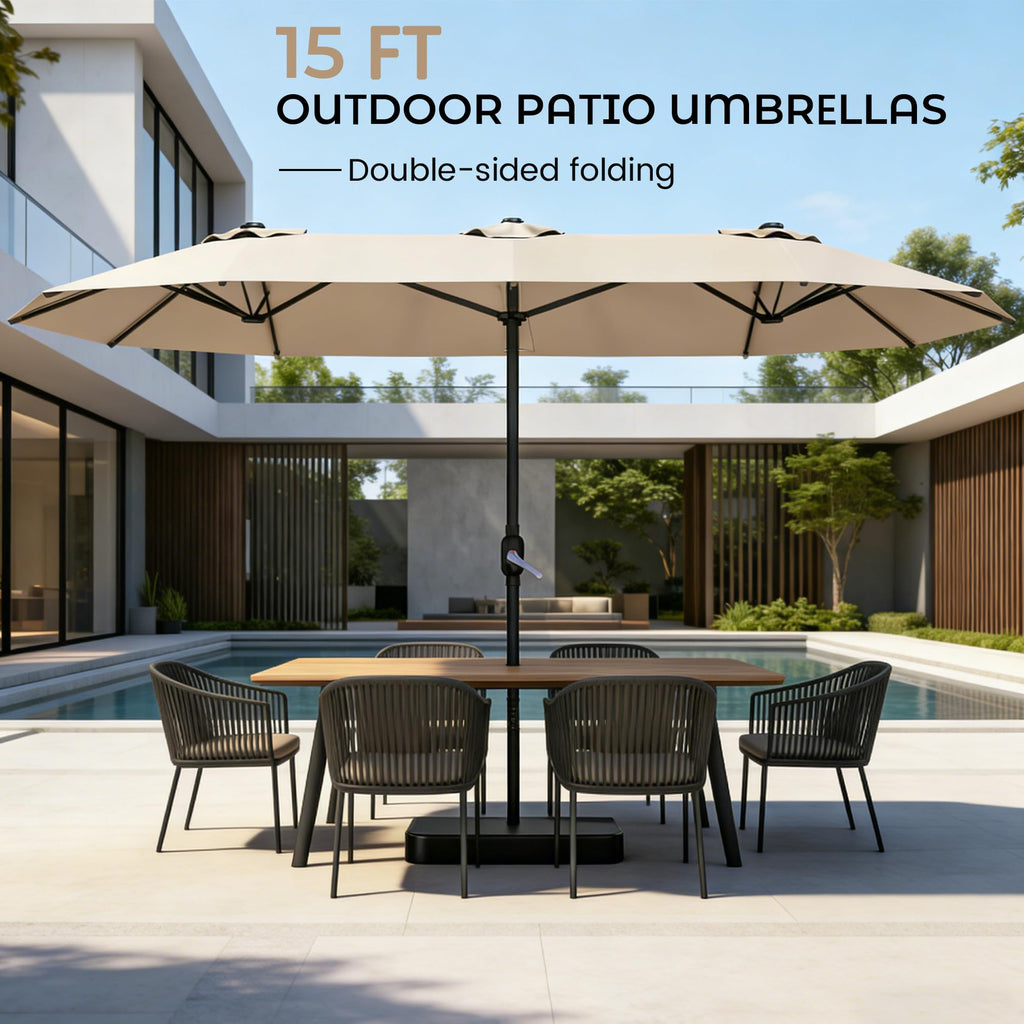 15ft Patio Umbrella with Base, Large Double-Sided Rectangular Umbrella, Beige