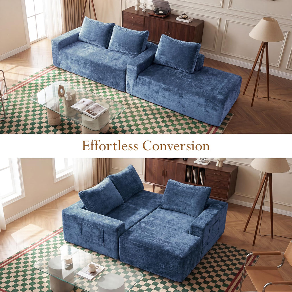 95" Boneless Couch, L-Shape Sectional with Right Chaise, Blue
