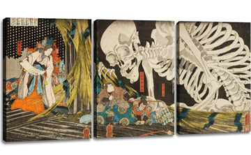 Japanese Wall Art Witch and Skeleton Ukiyo-E by Utagawa Takiyasha Canvas Prints Wall Art Triptych Paintings Goth