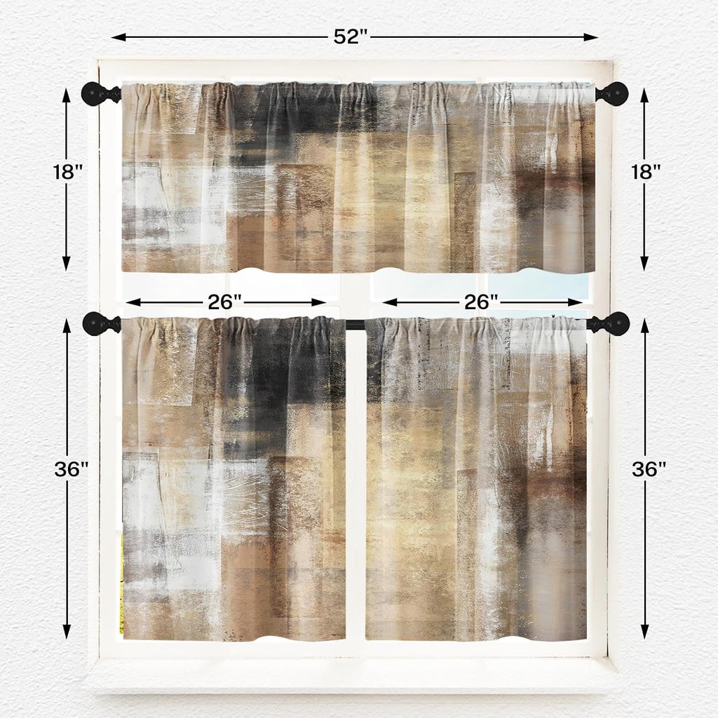 Brown Kitchen Window Curtains Valance and Tier Set 36 Inch, Grey Beige Modern Rod Pocket Short Tier Curtain, Abstract