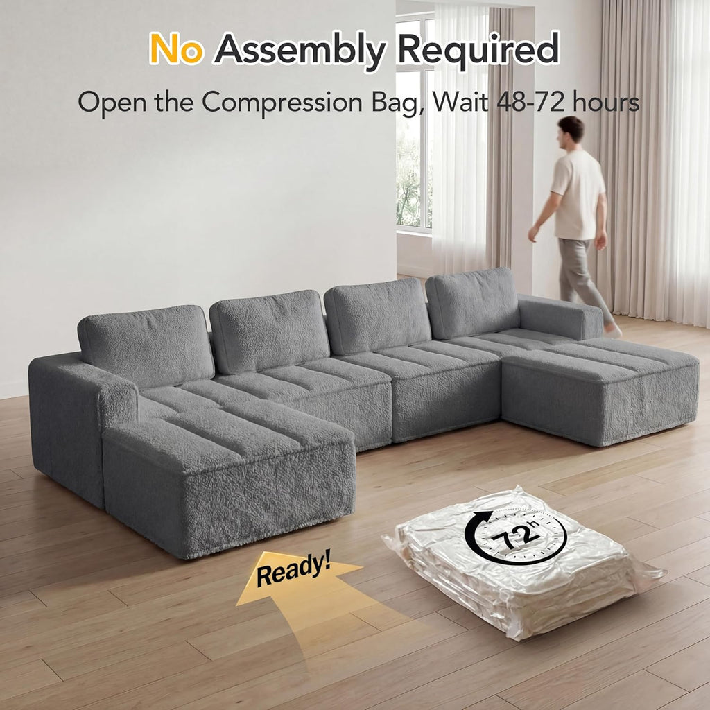 145" U Shaped Modular Sectional Sofa with Ottoman, Boneless Comfy Couch with Layered Cushion