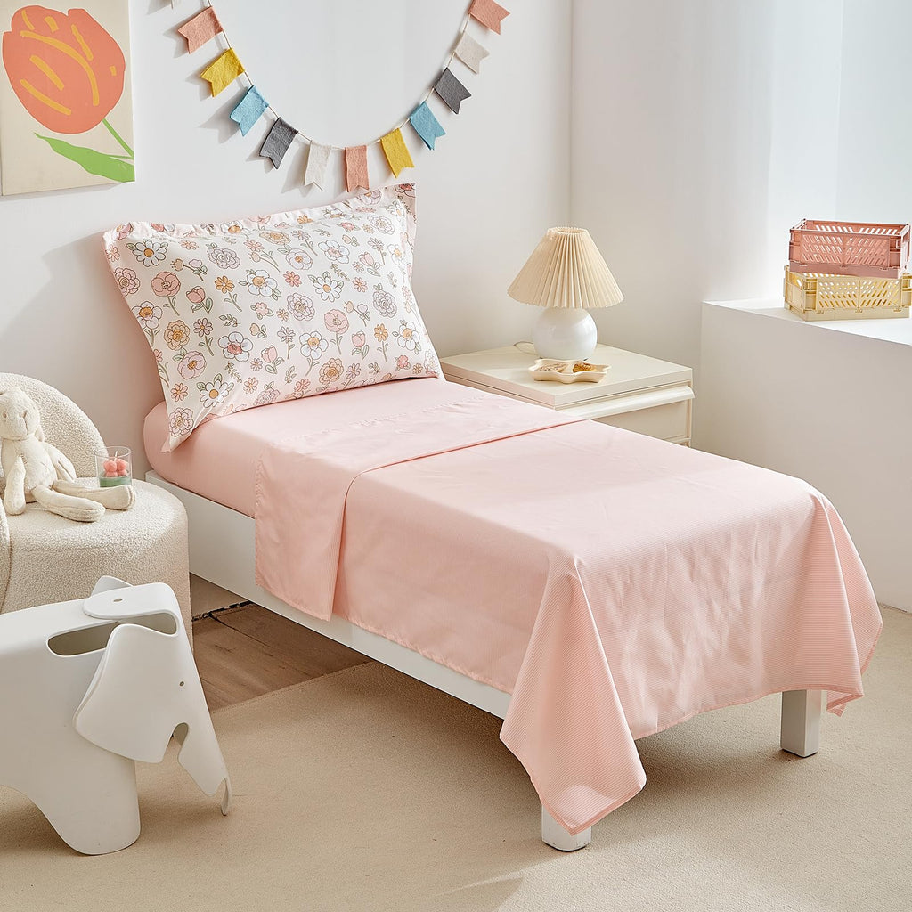 Floral 4 Piece Girls Toddler Bed Comforter Set Pink Flower Reversible Toddler Bedding Set Soft Baby Crib Bed Sheets