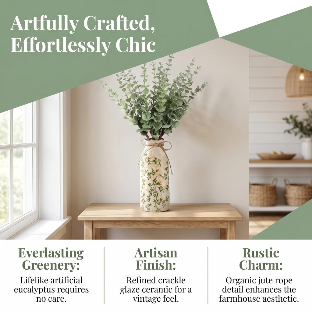 Farmhouse Artificial Eucalyptus Stems in Vintage Ceramic Vase Set (Green)